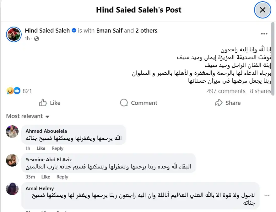 وفاة ابنة الفنان وحيد سيف
