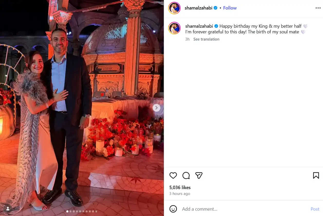 شام الذهبي تحتفل بعيد ميلاد زوجها أحمد هلال برسالة وصور رومانسية