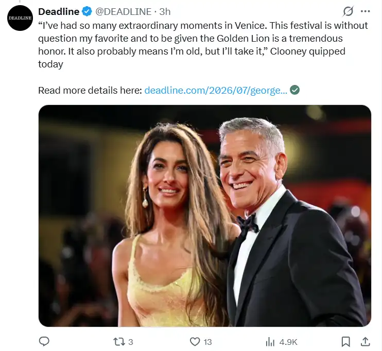 تعليق طريف من جورج كلوني على تكريم مهرجان البندقية السينمائي