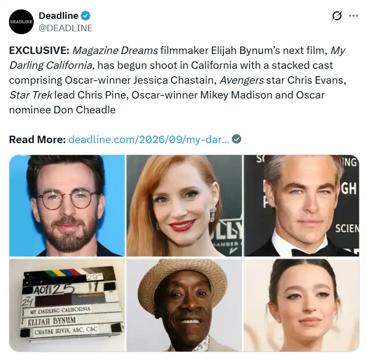 بدء تصوير فيلم My Darling California لـ كريس إيفانز وجيسيكا تشاستين