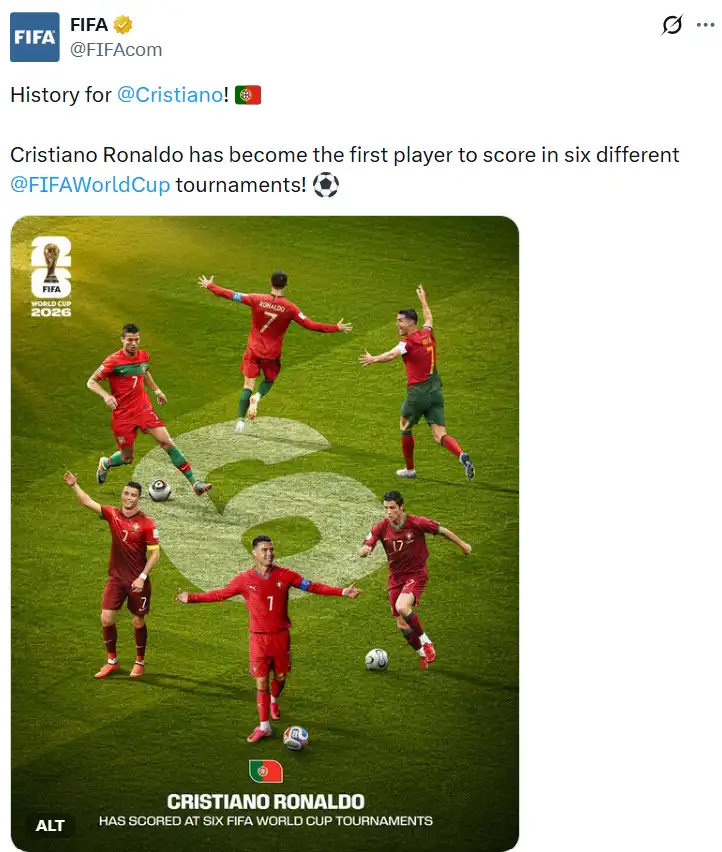 كريستيانو رونالدو أول لاعب يسجل في 6 بطولات كأس عالم مختلفة